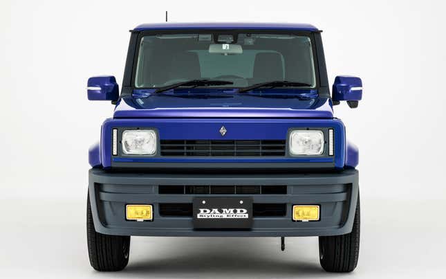 Front view of a blue Suzuki Jimny with a Renault 5 bodykit