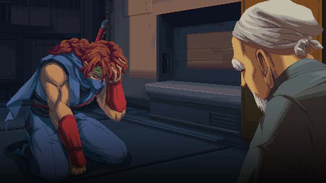 An image from a cutscene shows the blue-clad ninja looking distraught, his head in his hand. An older man sits across from him.