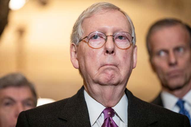 Senate Majority Leader Mitch McConnell (R-KY) speaks to reporters following the Senate Republican policy luncheon, which both President Donald Trump and Vice President Mike Pence attended on March 10, 2020, in Washington, DC. 