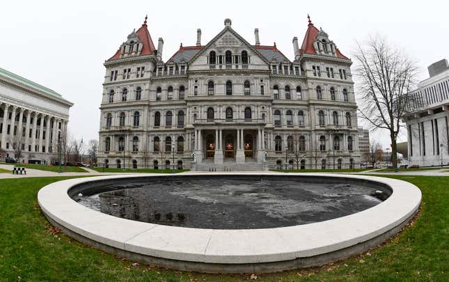 FILE - The New York Capitol is seen, Dec. 14, 2020, in Albany, N.Y. Democrats who control the state Senate and Assembly have released their budget proposals for the year, setting up potential fights with Gov. Kathy Hochul&#39;s office over education funding and income taxes. (AP Photo/Hans Pennink, File)