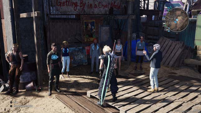 Cloud stands in front of a group of liars in a desert town.