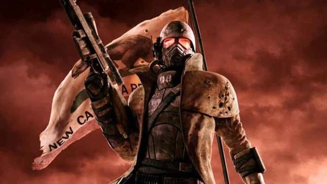 An NCR ranger from Fallout New Vegas stands in front of a flag. 