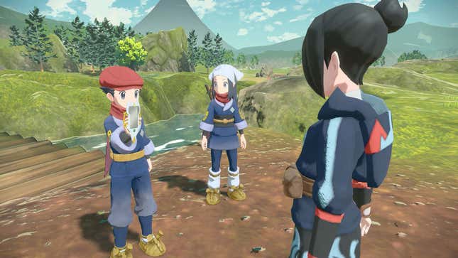 A pokémon trainer shows another pokémon trainer an electronic device while a third pokémon trainer looks on in Pokémon Legends: Arceus.