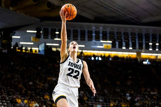 Iowa guard Caitlin Clark (22) makes a basket during a NCAA women&#39;s basketball exhibition game between Iowa and Clarke University, Sunday, Oct. 22, 2023, at Carver-Hawkeye Arena in Iowa City.