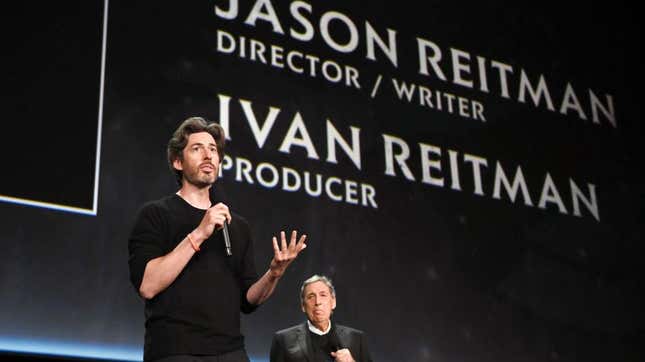 Jason Reitman and his father Ivan talk on stage at CinemaCon 2021.