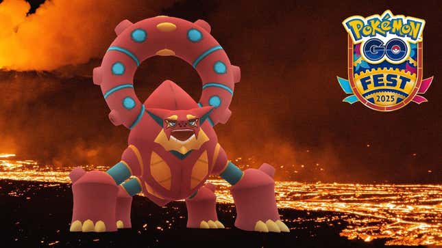 Volcanion stood in front of a field of lava.