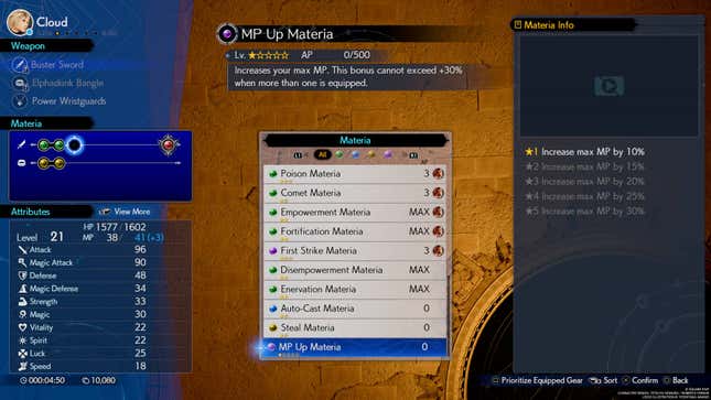 A screenshot shows stats and materia options for Cloud in Final Fantasy VII Rebirth.