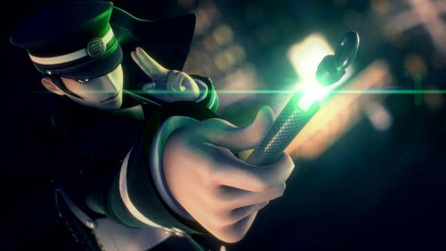 The protagonist holds up a glowing item.