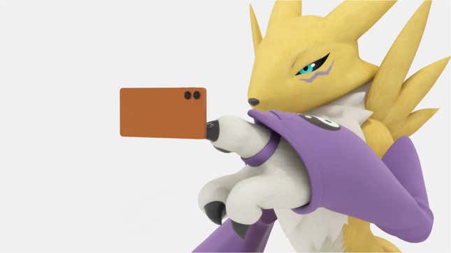 Renamon touches a floating smartphone with her claw.