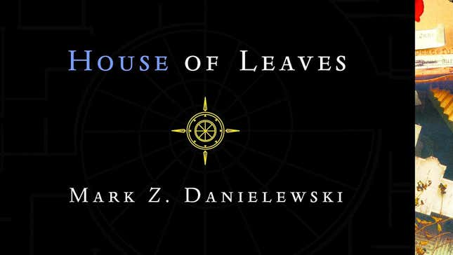 A crop of the cover for Mark Z. Danielewski's House of Leaves is mostly black with a slim line of collage on the right border. 
