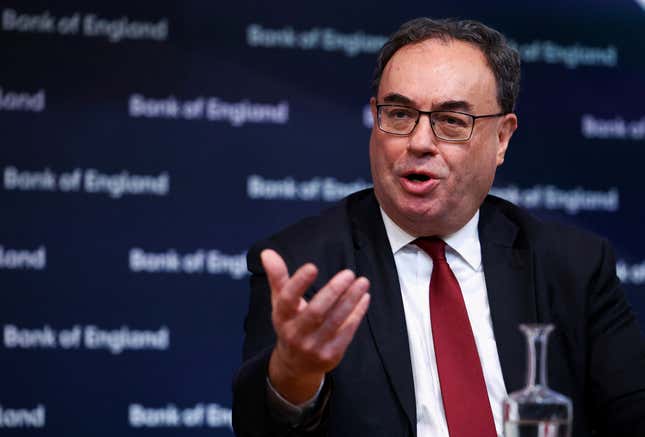 Governor of the Bank of England, Andrew Bailey attends the biannual Financial Stability Report press conference, at the Bank of England in London, Wednesday Dec. 6, 2023. (Hannah McKay/Pool via AP)