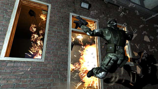 A man bursts out of a window.