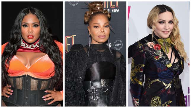 Left to right: Lizzo, Janet Jackson, Madonna.