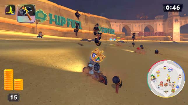 Dry Bones throws out a slew of Hammers to the side during a Coin Runners Battle.