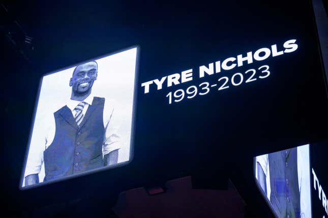 The screen at the Smoothie King Center in New Orleans honors Tyre Nichols before an NBA basketball game between the New Orleans Pelicans and the Washington Wizards, Saturday, Jan. 28, 2023.