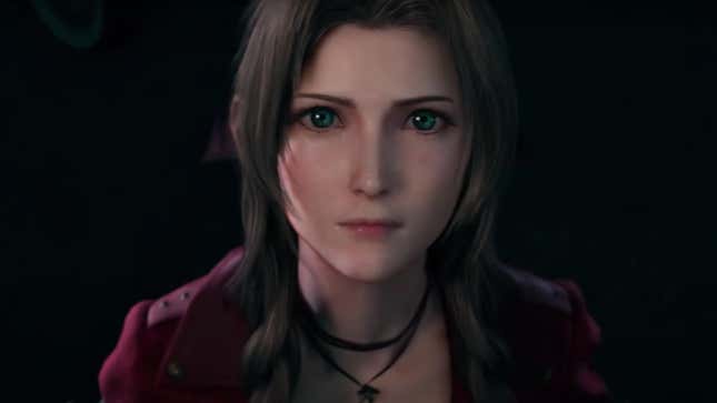Aerith stares straight ahead in the FF7 remake.