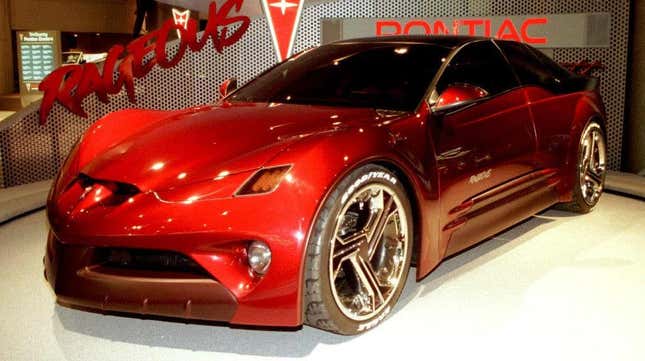 The Pontiac Rageous, a concept car introduced by Pontiac at the North American international Auto Show in Detroit, Michigan, rotates on a display 08 January.