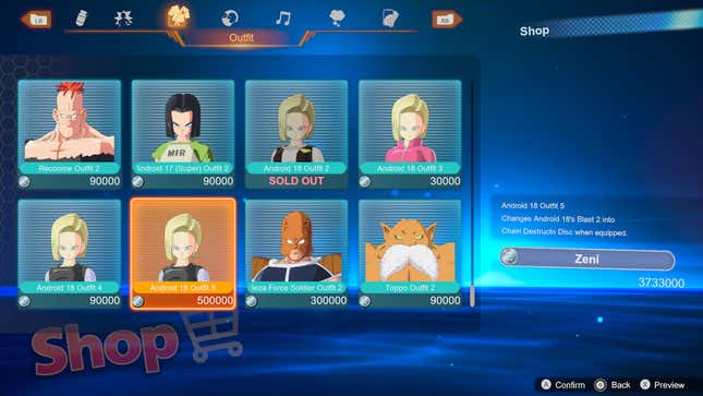  The Outfit tab on the Shop menu highlights Android 18’s fifth outfit.