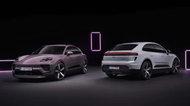 Two Porsche Macan EVs against a black background