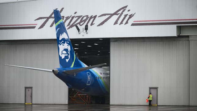 Alaska Airlines N704AL is seen grounded in a hangar at Portland International Airport on January 9, 2024 in Portland, Oregon.