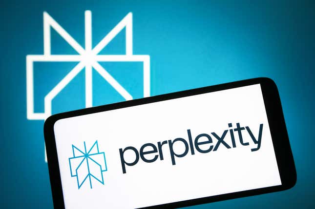 Perplexity AI logo is seen on a smartphone screen in front of a blue backdrop with the perplexity logo