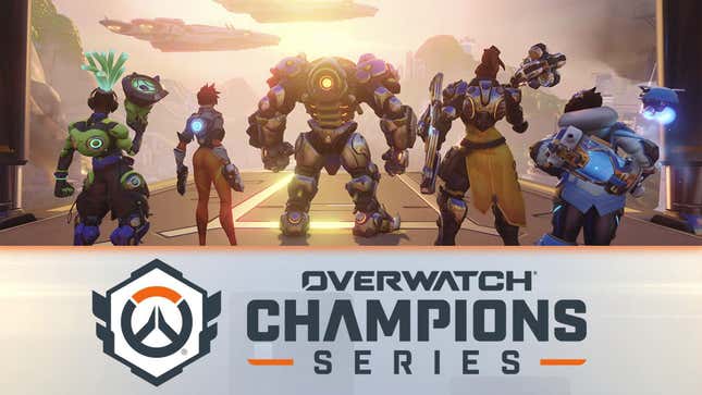 Several Overwatch characters stand looking at the sunset, with the Overwatch Champions Series logo emblazoned below them. 