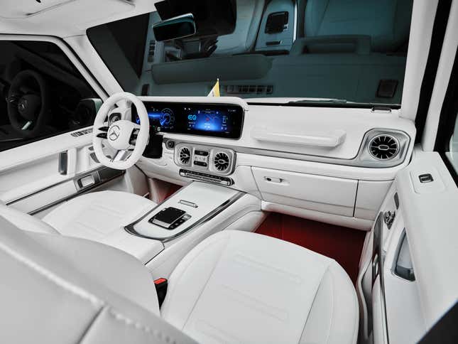 Interior of the white Mercedes-Benz G580 Popemobile