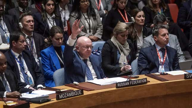Russian Ambassador to the United Nations Vassily Nebenzia vetoes a resolution calling for the prevention of a nuclear arms race in outer space during a Security Council session on April 24, 2024.