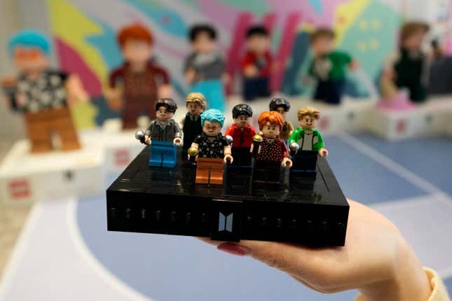 FILE - A LEGO set made of its blocks featuring K-pop band BTS, is shown during a publicity event at a store in Seoul, South Korea, on March 2, 2023. Danish toymaker Lego said Monday Sept. 25, 2023 that an experiment to make its colorful building bricks out of recycled drinks bottles didn’t work but the world’s largest toymaker “remains committed” to its plans to find sustainable materials to reduce carbon emission. (AP Photo/Lee Jin-man, File)