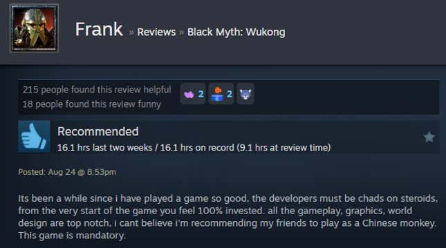 Image for article titled Black Myth: Wukong, As Told By Steam Reviews