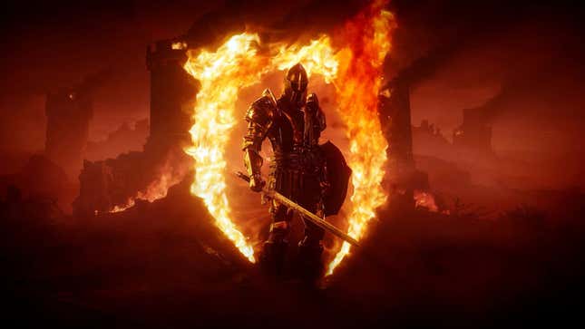 A soldier in armor stands in front of a burning oblivion gate.