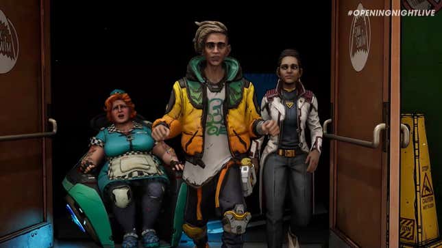 Three vault hunters walk through a door in New Tales From the Borderlands.