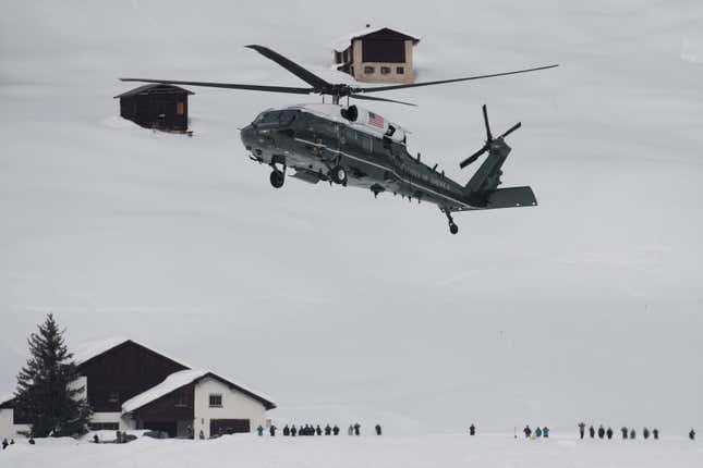 Marine One, carrying US president Donald Trump lands at the heliport during the 48th annual meeting of the World Economic Forum in Davos, Switzerland.