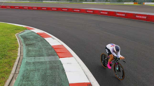 A photo of a Team USA cyclist at the Fuji Speedway in japan. 