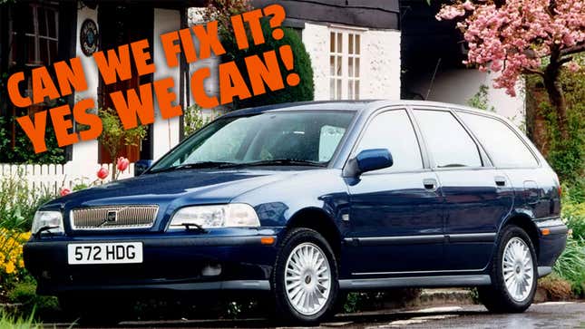 A photo of a blue Volvo wagon with the caption "can we fix it? Yes we can!" 