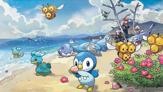 Two humans observe a gamut of Pokémon playing at a beach.