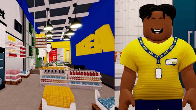 An image shows an Ikea digital store and employee in Roblox. 