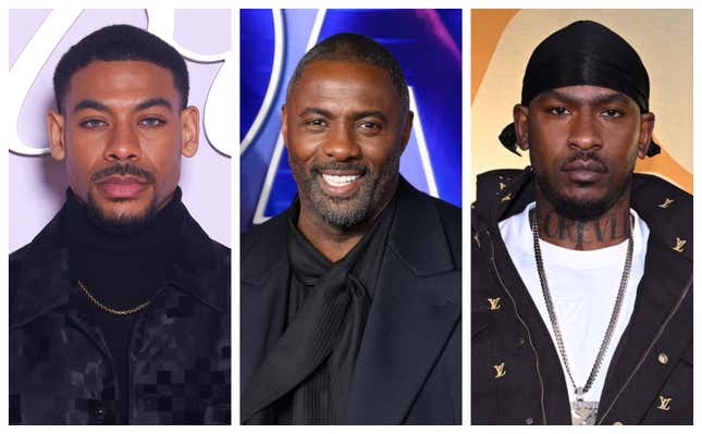 Aaron Pierre, izquierda; Idris Elba y Skepta.