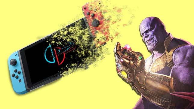 Marvel villain Thanos snaps a Nintendo Switch with the Yuzu log on the screen out of existence.
