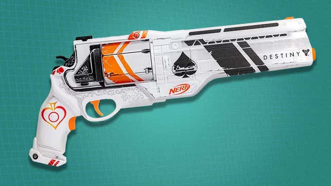 A NERF Ace of Spaces gun sits in front of a teal background. 