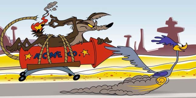 Looney Toons' Wile E. Coyote chasing the Roadrunner.