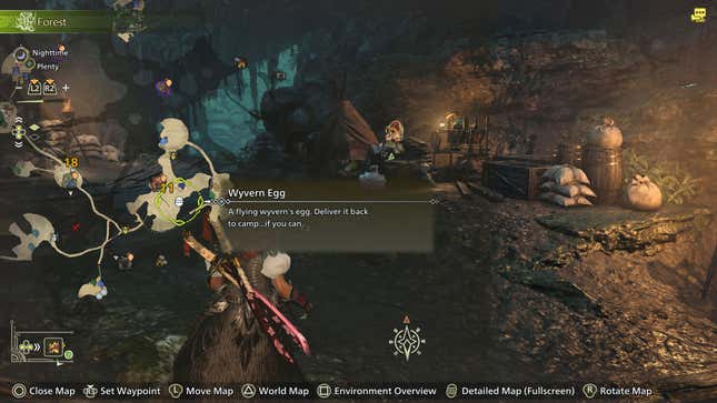 The player brings up the Scarlet Forest map, highlighting the location of Wyvern Eggs.