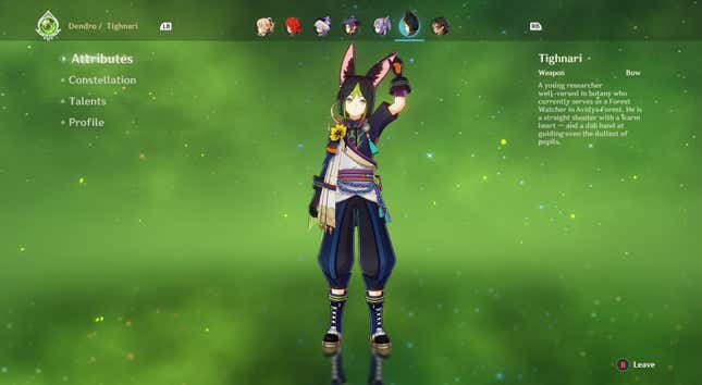 The character screen shows Tighnari, who is holding one of his bunny ears.