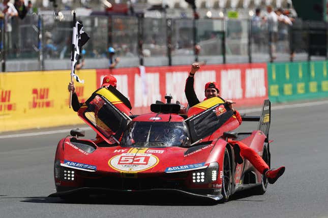 The winning #51 Ferrari AF Corse 499P seen on track after the race at the 2023 24 Hours of Le Mans