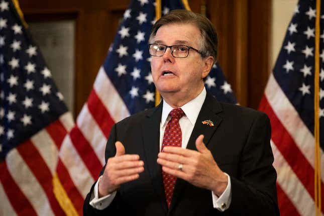 Texas Lt. Gov. Dan Patrick speaks after Texas Governor Greg Abbott announced the reopening of more Texas businesses during the COVID-19 pandemic at a press conference at the Texas State Capitol in Austin on Monday, May 18, 2020.