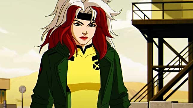 Rogue is shown wearing a green jacket and yellow suit underneath.