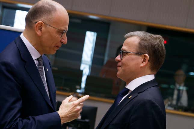 Author of the High-Level Report on the future of the Single Market Enrico Letta, left, speaks with Finland&#39;s Prime Minister Petteri Orpo during a round table meeting at an EU summit in Brussels, Thursday, April 18, 2024. European Union leaders vowed on Wednesday to ramp up sanctions against Iran as concern grows that Tehran&#39;s unprecedented attack on Israel could fuel a wider war in the Middle East. (AP Photo/Omar Havana)