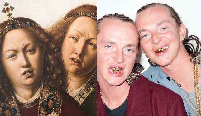 Left: Jan van Eyck. Ghent Altarpiece detail. c. 1432. Right: The ATL Twins.