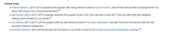 A screenshot of Wikipedia showing all the hosts who left The Five. 