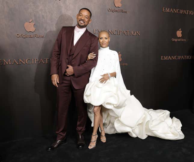 LOS ANGELES, CALIFORNIA - NOVEMBER 30: Will Smith (L) and Jada Pinkett Smith (R) attend the premiere of Apple Original Films’ “Emancipation” at Regency Village Theatre on November 30, 2022 in Los Angeles, California. 